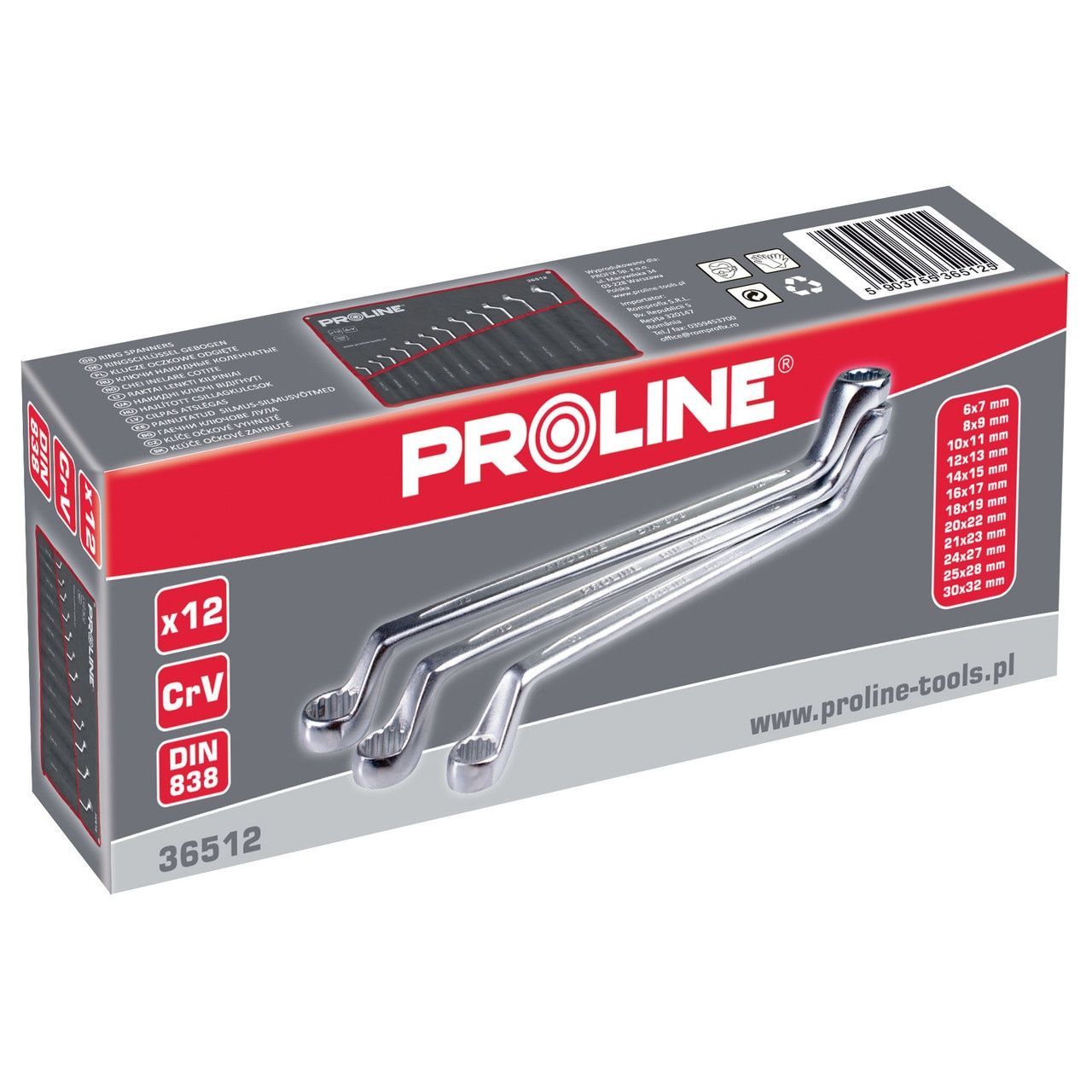 Набір гайковий накидних зігнутих ключів 12шт (6х7-30х32мм) CrV PROLINE 36512